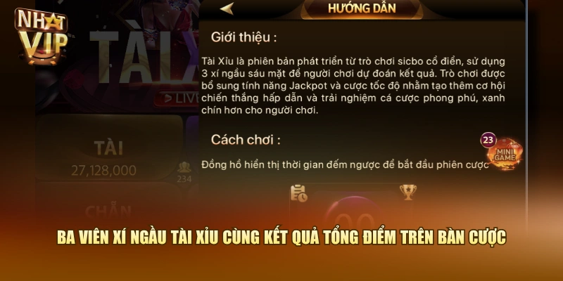 Ba viên xí ngầu Tài Xỉu cùng kết quả tổng điểm trên bàn cược