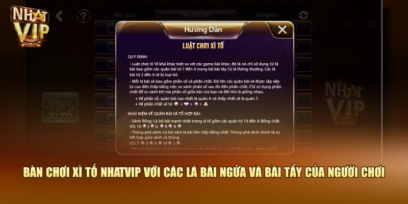 Bàn chơi Xì Tố Nhatvip với các lá bài ngửa và bài tẩy của người chơi